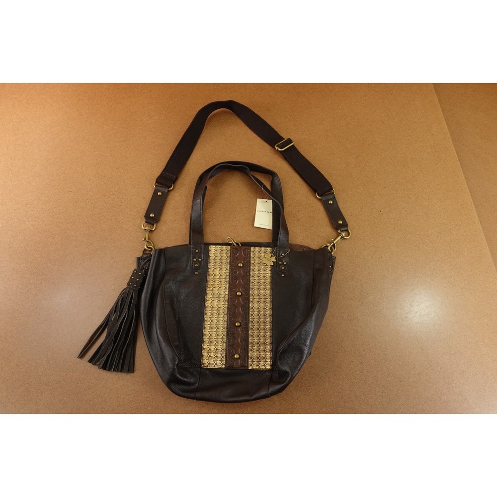 Lucky Brand Womens Large Brown Leather Embossed Tote Bag NWT